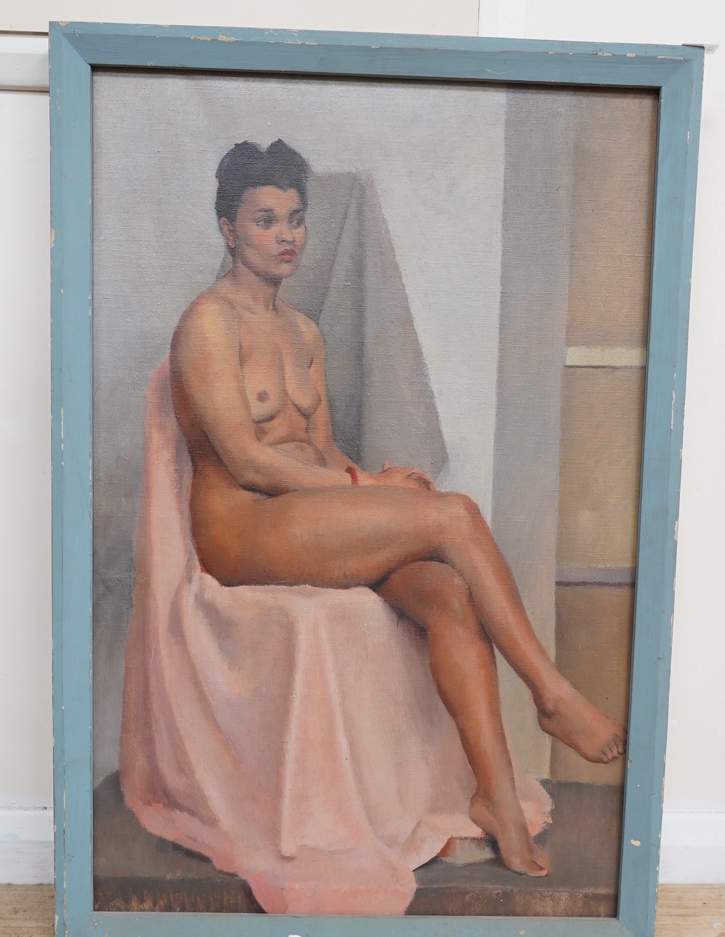 Mid 20th century English School, oil on canvas, Study of a seated nude woman, unsigned, 73 x 48cm. Condition - fair, small repair to the canvas